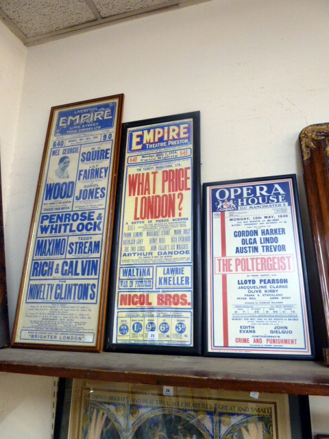 Three theatre advertising signs, all framed