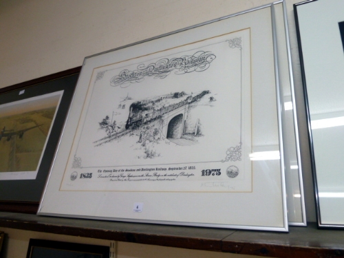 A pair of limited edition Stockton and Darlington Railway prints, signed, framed