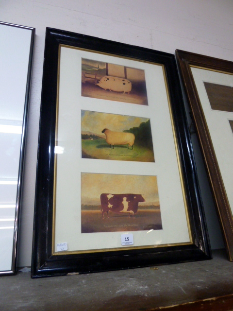 A set of three prints of farm animals, framed