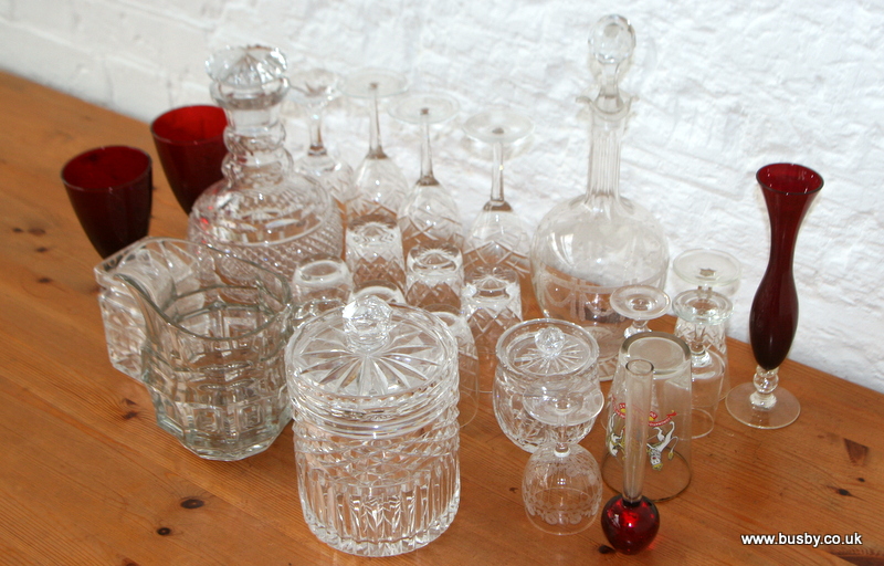 A Stuart crystal hobnail decanter, lead crystal salad bowl and other assorted lead crystal items and