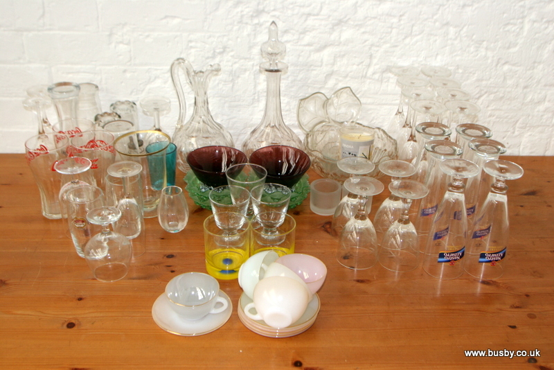 A quantity of glass wares to include some vintage latte glass cups and saucers, decanters and some