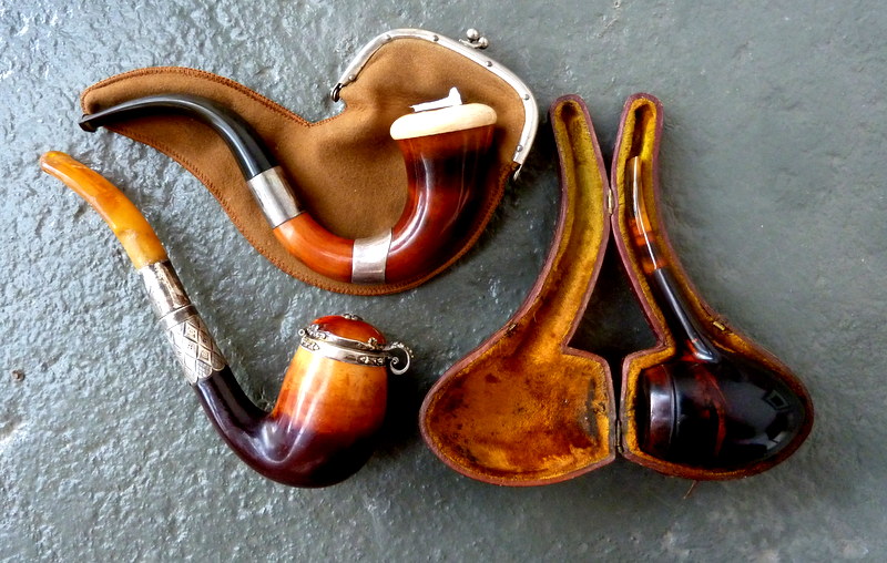 A 'Sherlock Holmes' style meerschaum pipe with a London hallmarked silver ferrule, an egg shaped