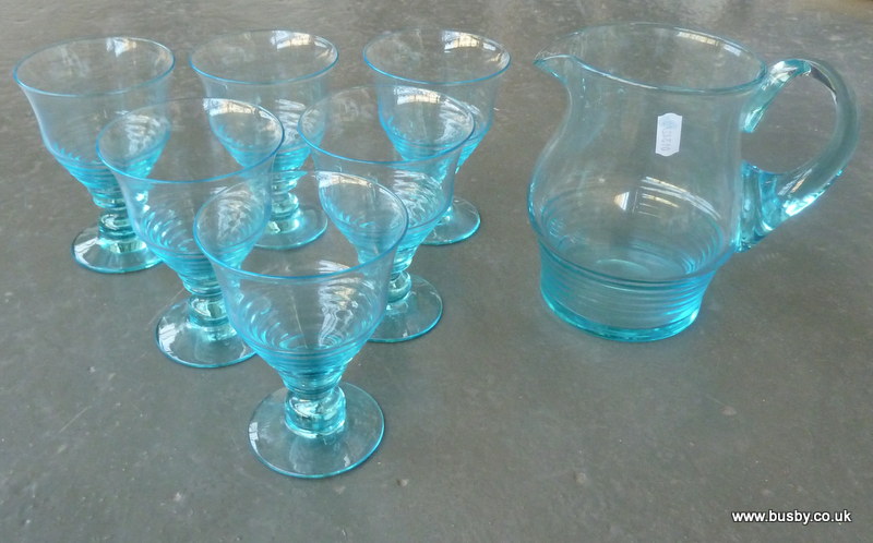 A blue glass lemonade set plus a lead crystal scallop bowl, a pair of Champagne glasses, etc (13).