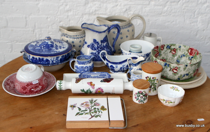 A collection of blue and white ceramics together with some Portmeirion Botanical pieces, Spode, etc.