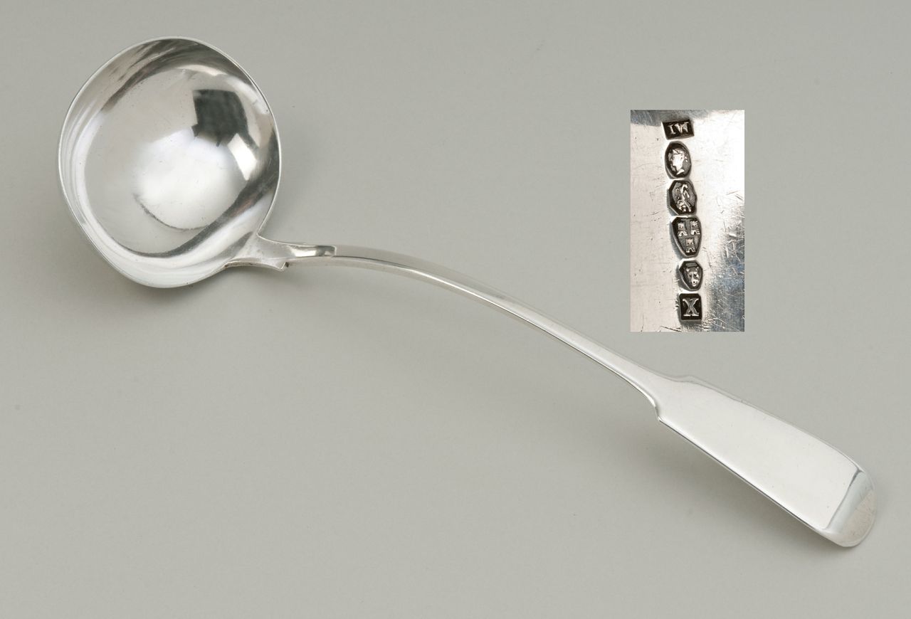 A Victorian fiddle pattern hallmarked silver soup ladle, Newcastle 1861 by John Wright. 12½in (31.