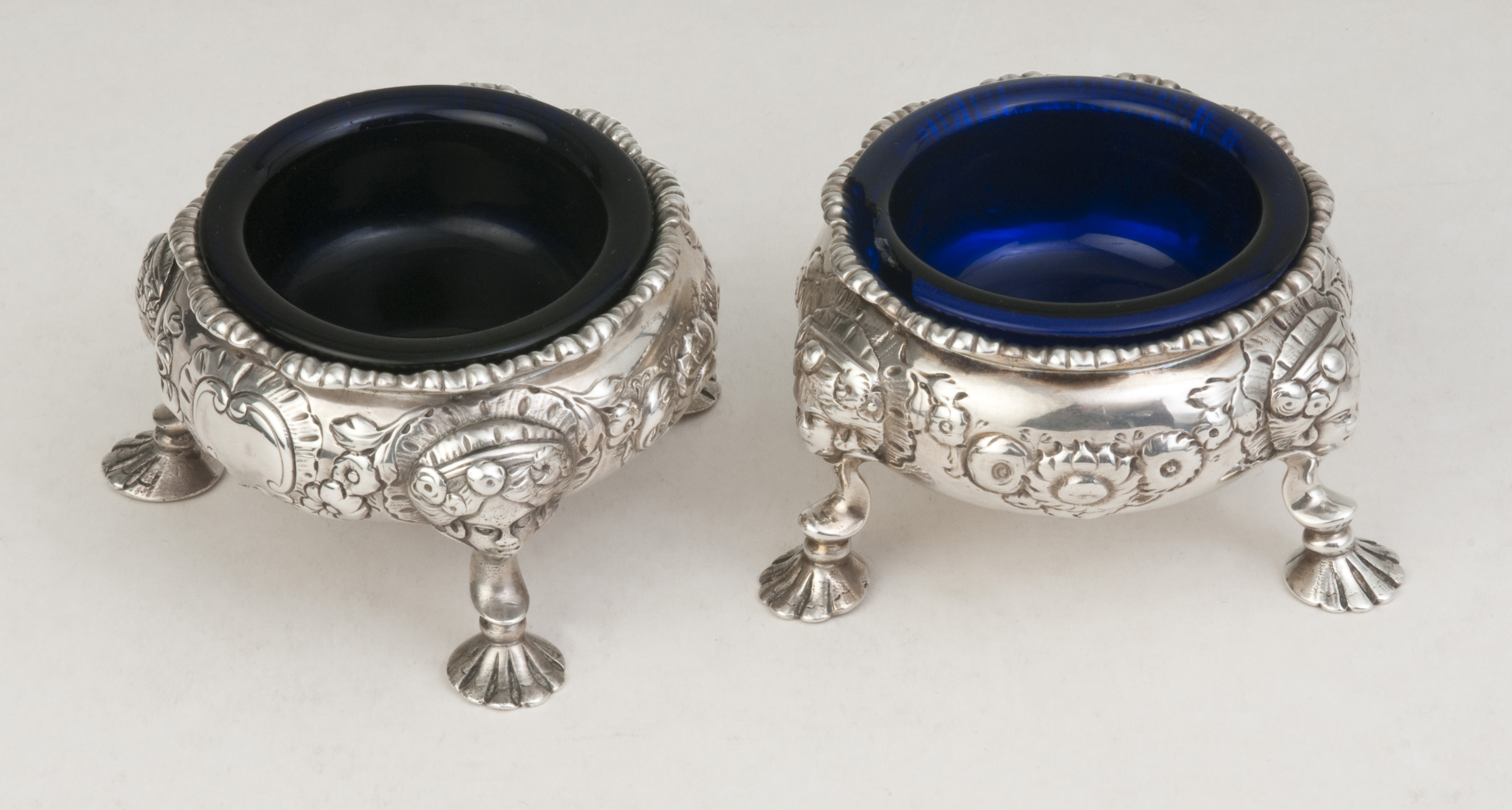 A Georgian near pair of hallmarked silver cauldron salts, London 1751 and 1781 by David Hennell