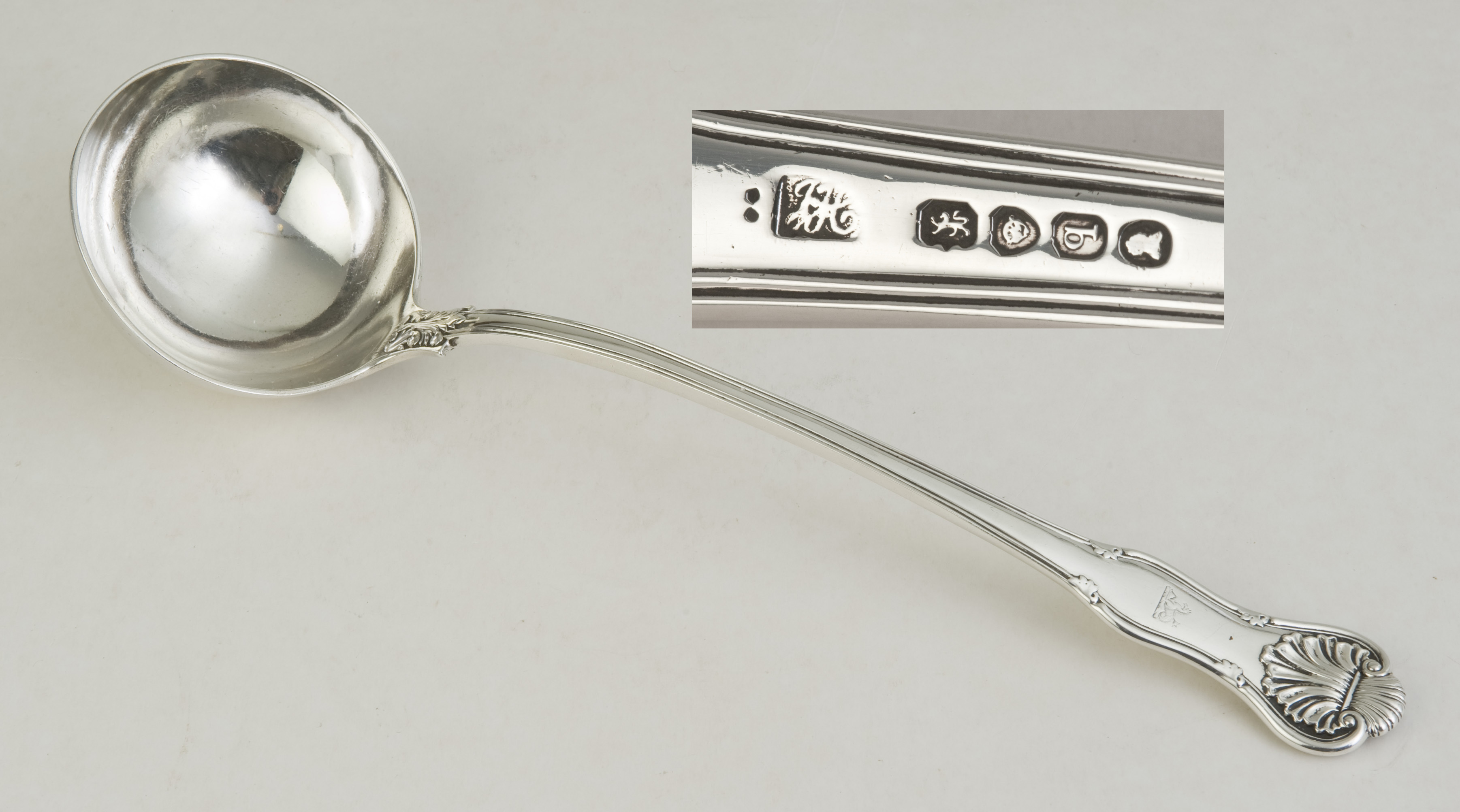William IV Kings Husk pattern hallmarked silver soup ladle, London 1831, by Jonathan Hayne. 13in (