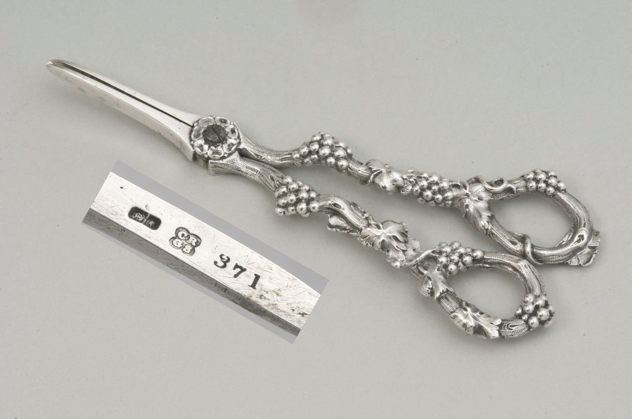 A pair of Victorian hallmarked silver grape scissors, London 1842 by Charles Riley and George