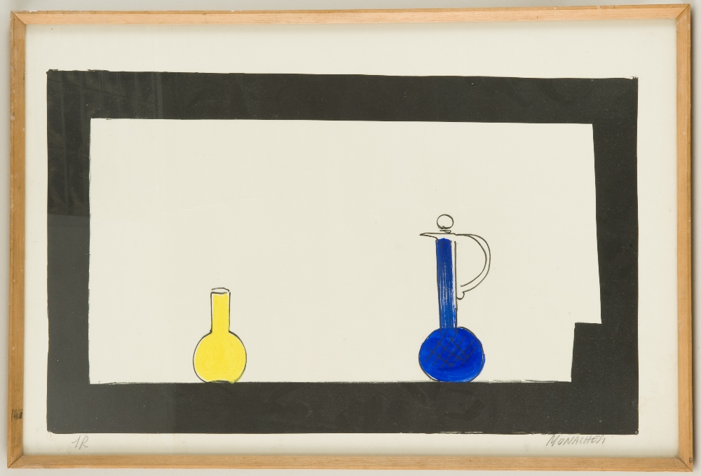 Sante Monachesi. (Italian 1910-1991). Blue jar and yellow bottle hand-coloured lithograph, signed.