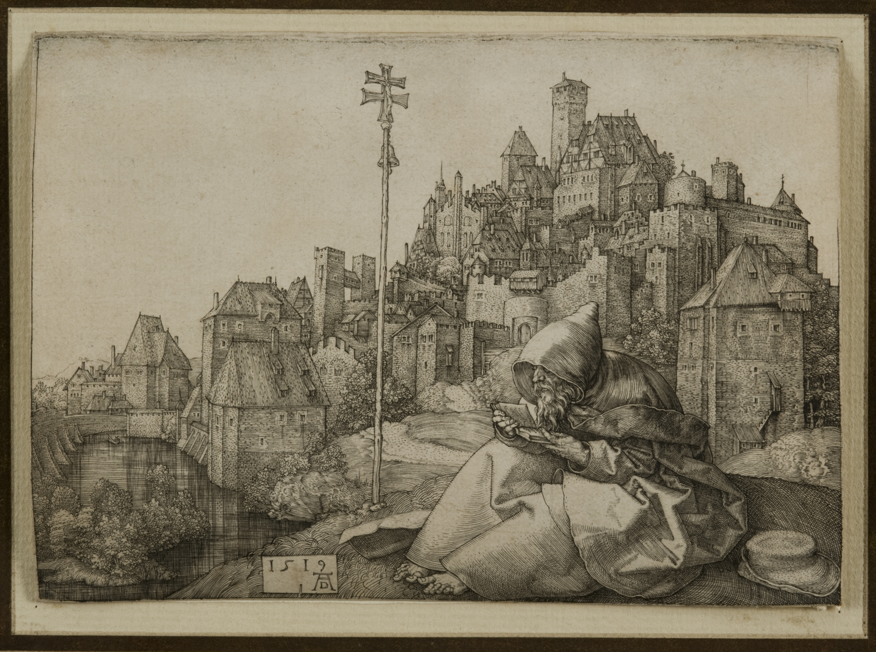 Albrecht Dürer. (1471-1528). Saint Anthony Reading [B28]. Engraving. 4in (10cm) x 5½in (14.2cm).