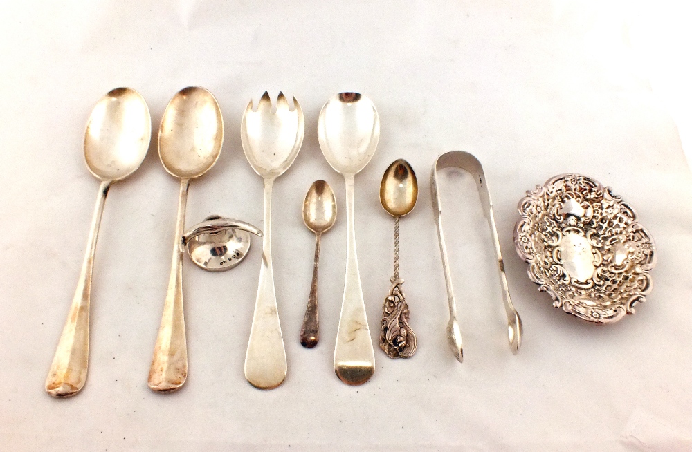 A Silver bon bon dish, knife rest and various cutlery
