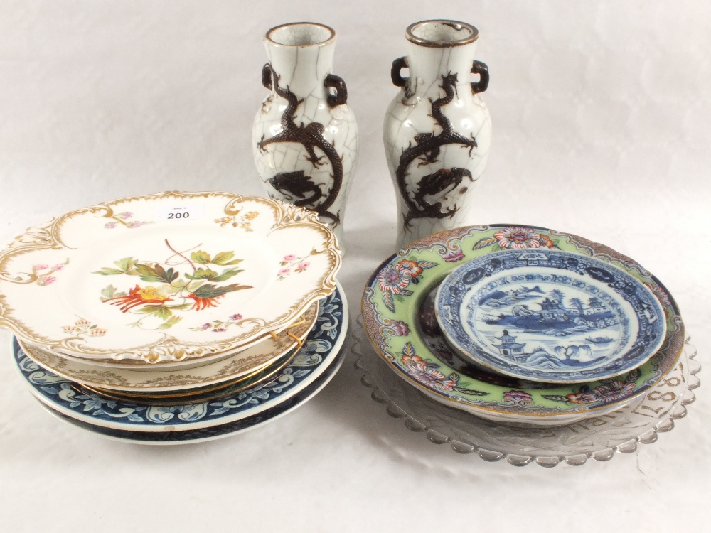 An 1887 glass Jubilee plate, Imari and various others and a pair of Chinese crackleware vases