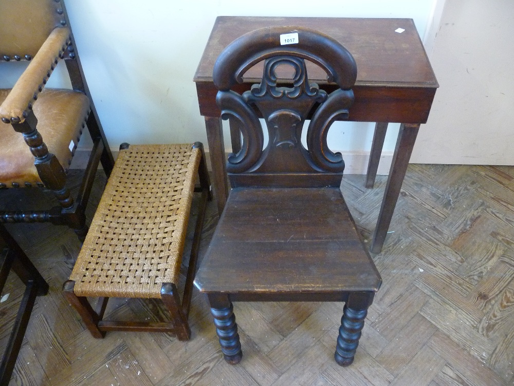 An Oak hall chair, rush topped footstool and small hall table.