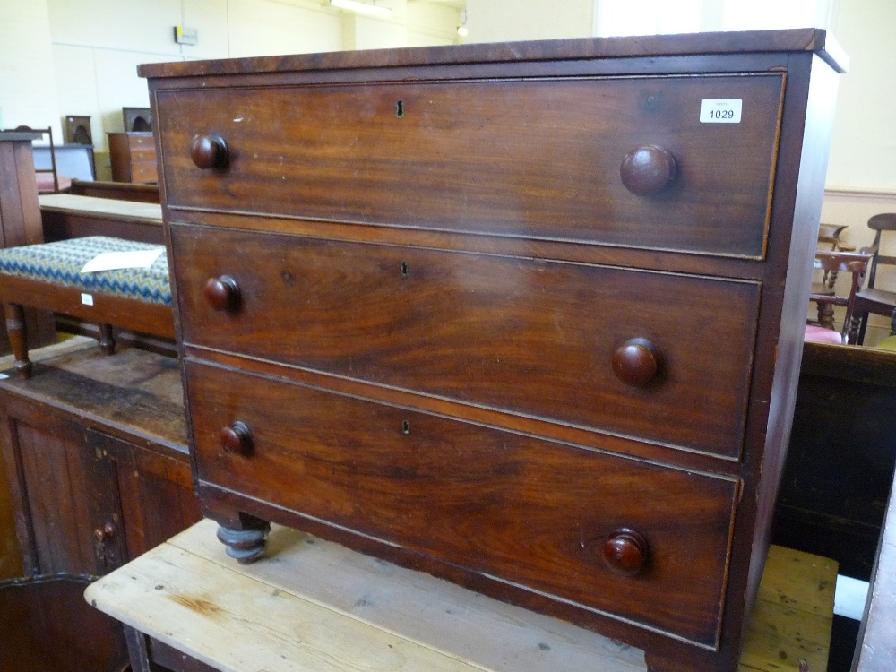 A small three drawer Mahogany chest, D. 18", W. 36" and H. 34 1/4".