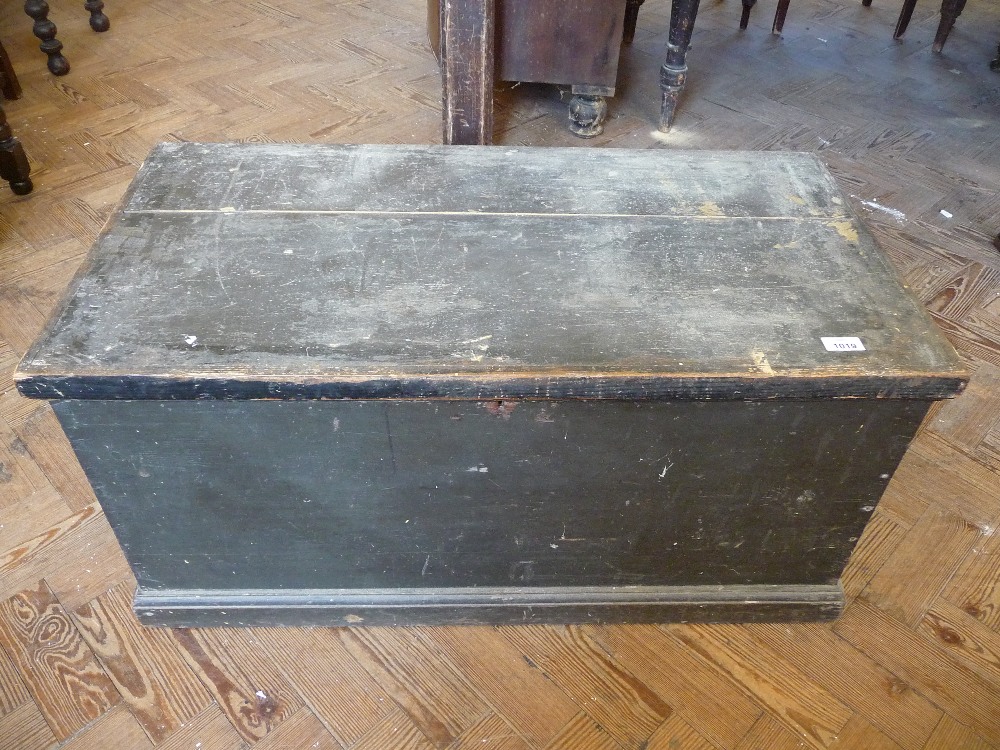 A black painted Pine blanket box, D.18" x W.35" and H. 17".