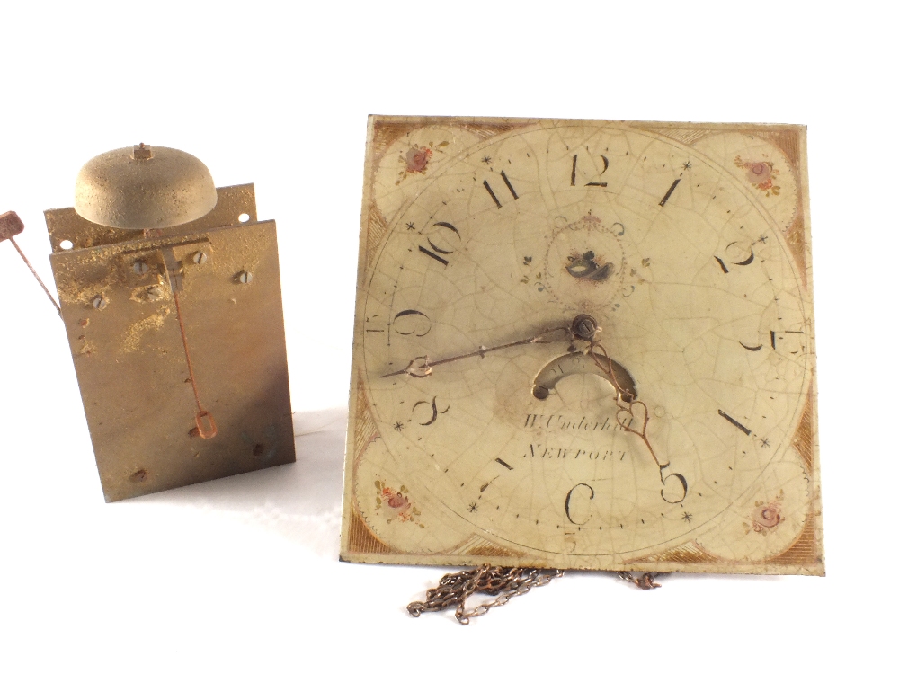 A long cased clock movement, painted dial by Underhill, Newport, one other movement and parts