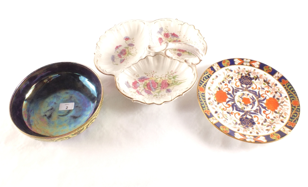 A Maling lustre bowl, Victorian hors d`oeuvres dish and Crown Derby plate