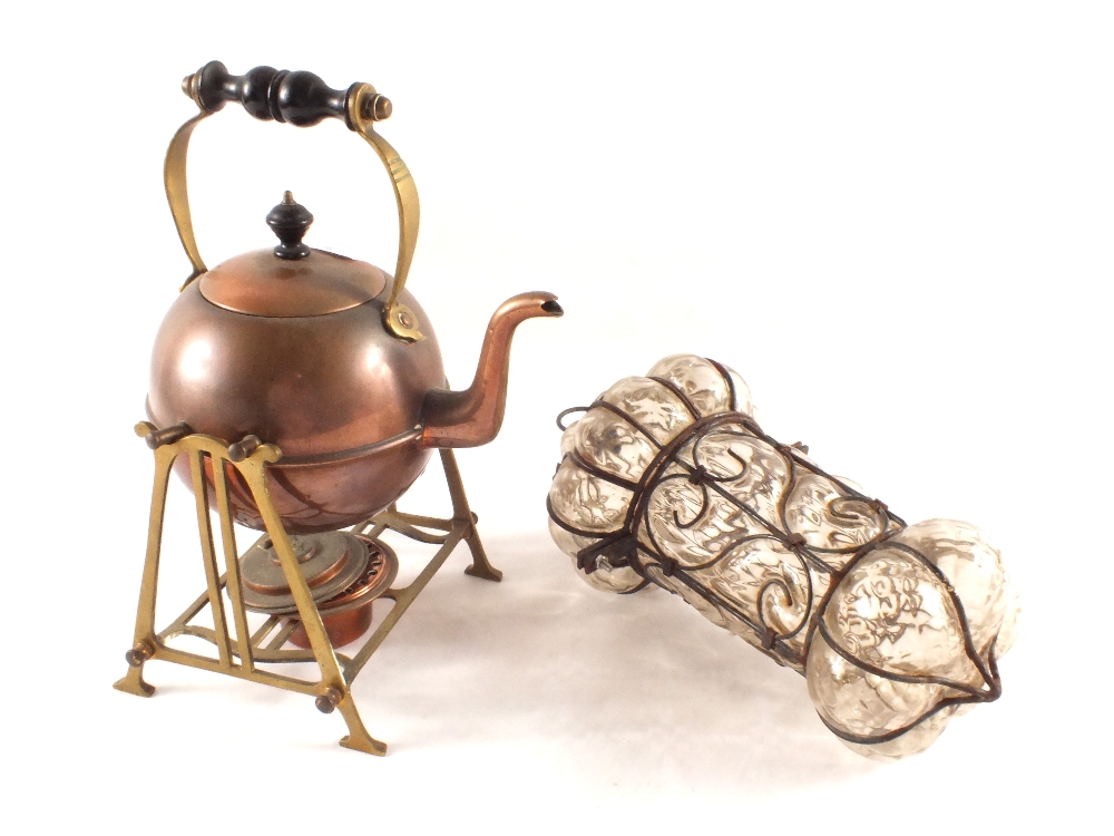 A Copper spirit kettle and a glass lamp