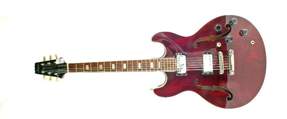 An Aria Pro II electric guitar and stand