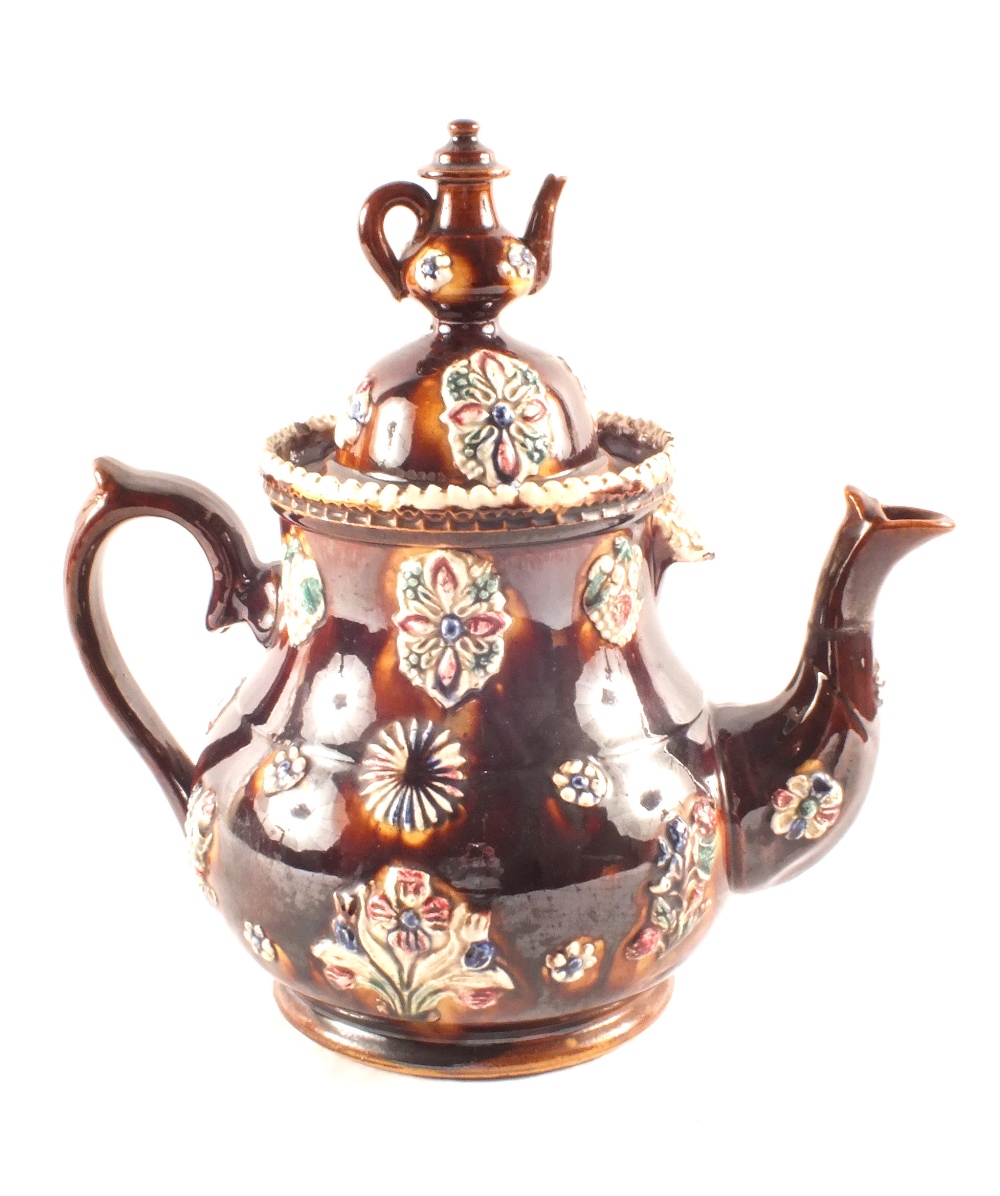 A Victorian Bargeware teapot (as found), height 12"