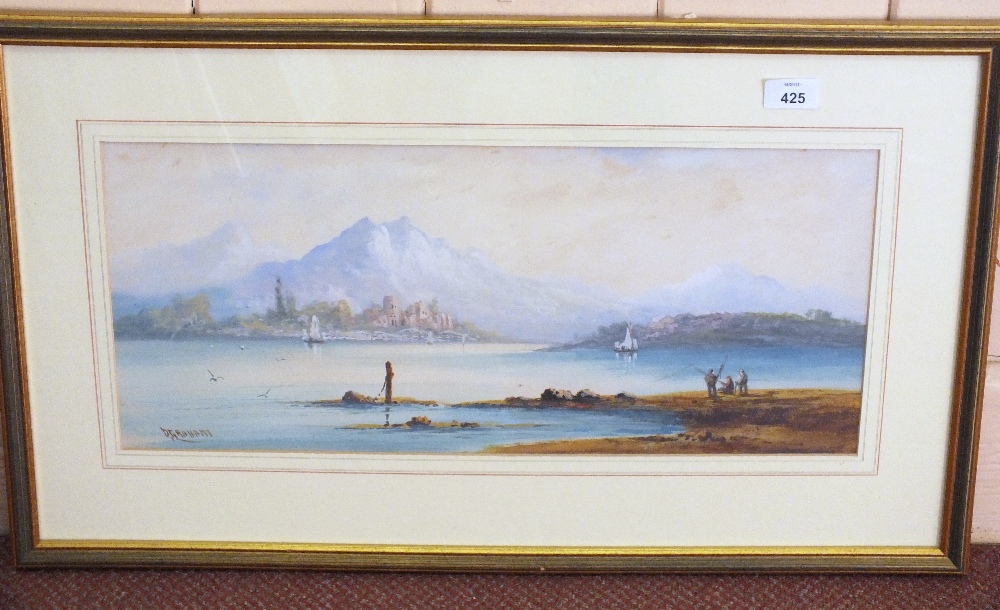 A watercolour by D Graham, continental coastal scene with mountains 9" x 21"