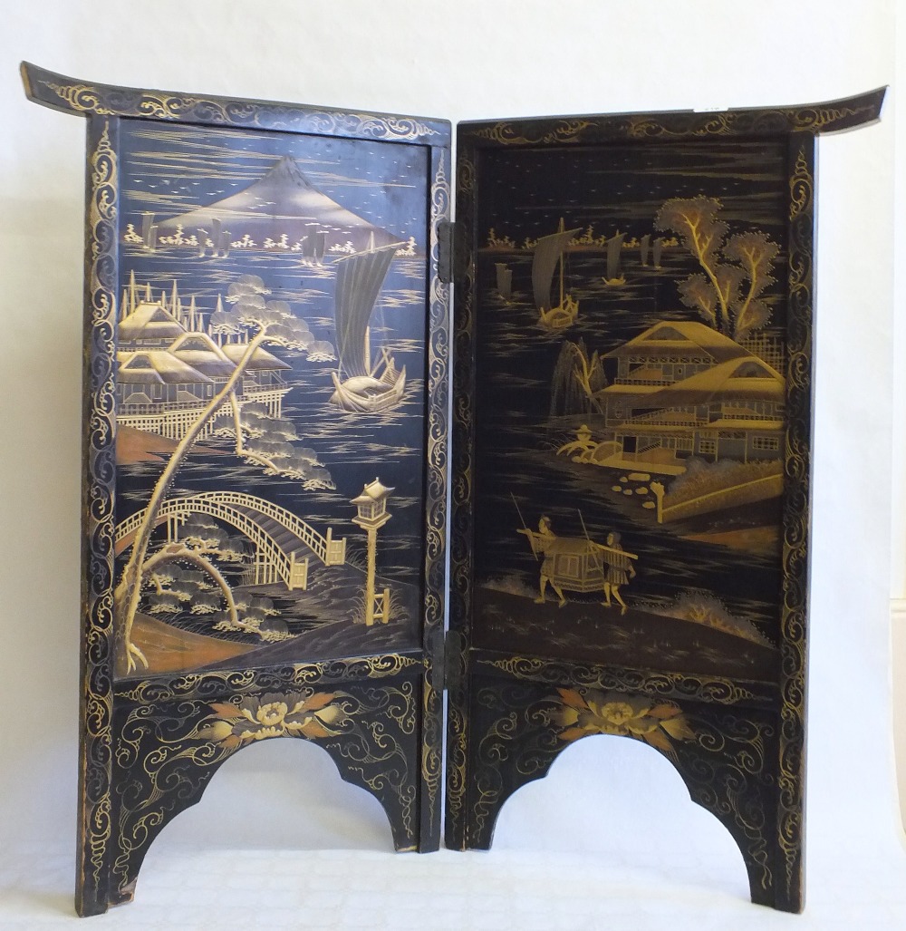 A Japanese black and gilt lacquer two fold screen