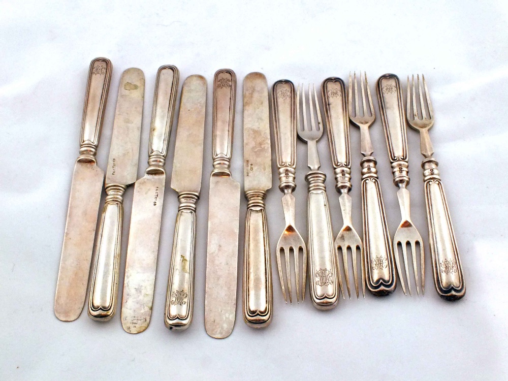 A set of six continental Silver tea knives marked .800 B&C and six English Silver tea forks