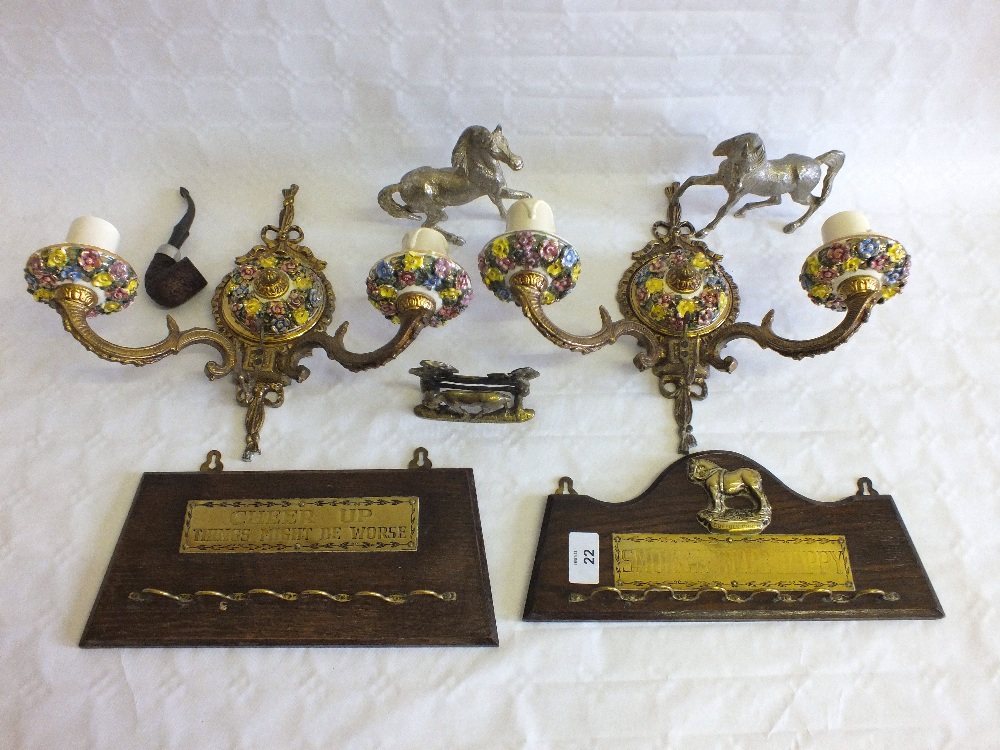 A pair of gilt metal and porcelain wall lights, pipe racks etc