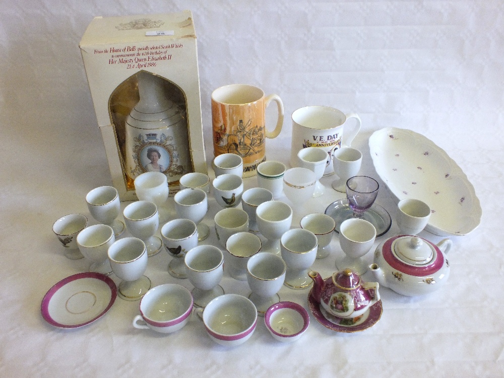 A boxed 1986 Bells Whisky in flask and egg cups and other china and glass