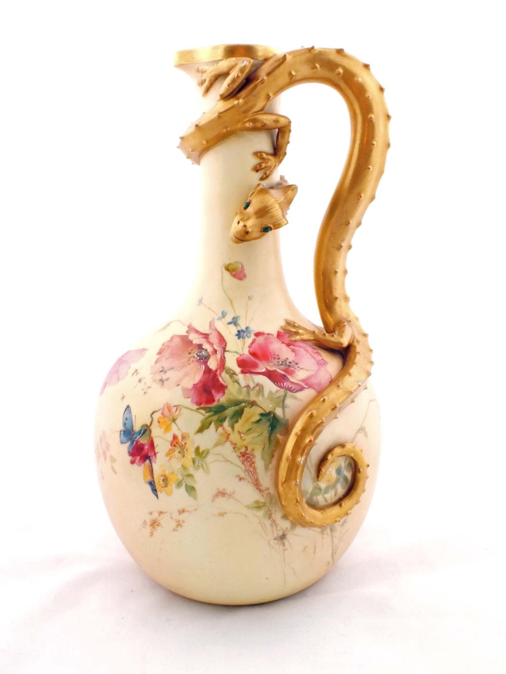 A Royal Worcester floral painted ewer with gilt dragon handle - pattern number 260