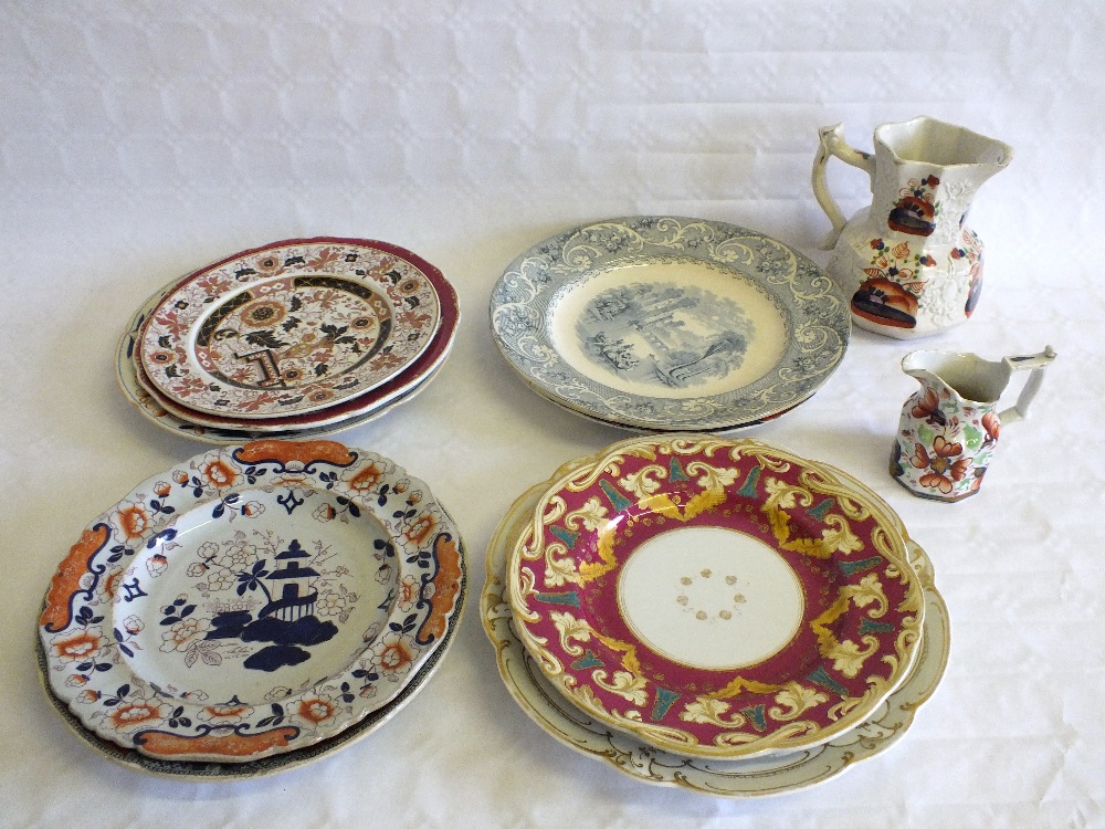 Various 19th Century stone china plates and two pottery jugs