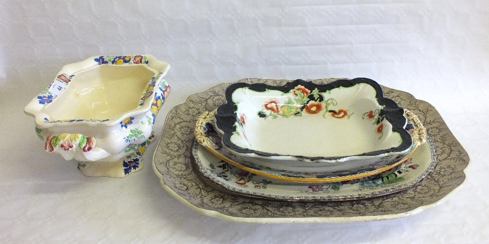 Three Victorian meat plates, a bowl and Masons Vista tureen base