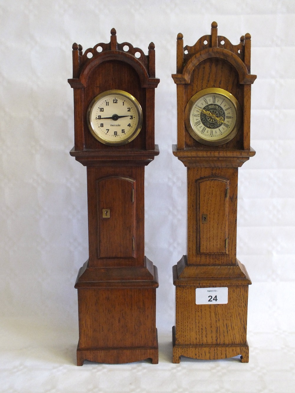 Two miniature long cased clocks and pocket watches etc