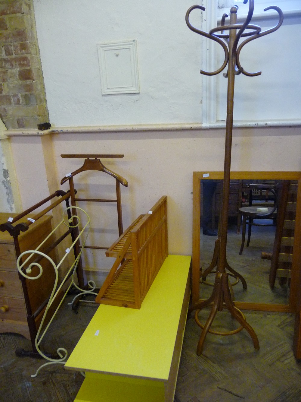 Two towel rails, a gentleman`s suit hanger, plate rack, retro coffee table, coat/hat stand and