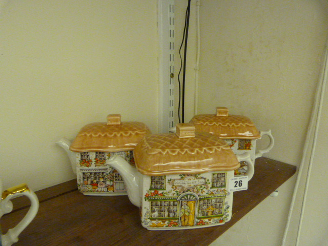 3 Large Sadler Thatched Roof Teapots