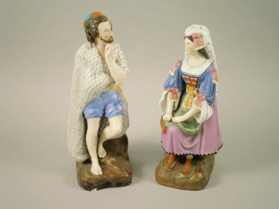 A pair of Russian Gardner Bisque porcelain figures of a fisherman and his wife, 30cm and 29cm high