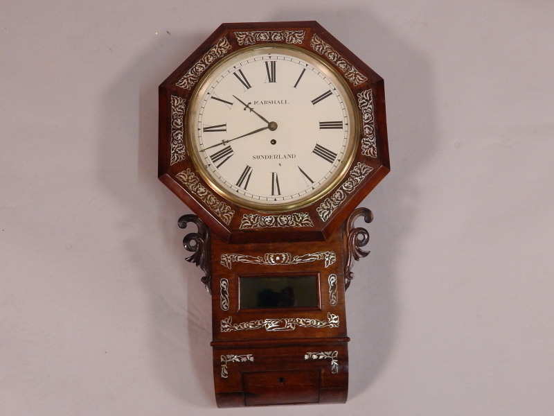 A Victorian rosewood and mother of pearl inlaid drop dial wall clock, the painted dial bearing the