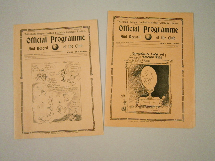 Two Tottenham Hotspur football programmes, for games with Sheffield Wednesday on 7th May 1938, and