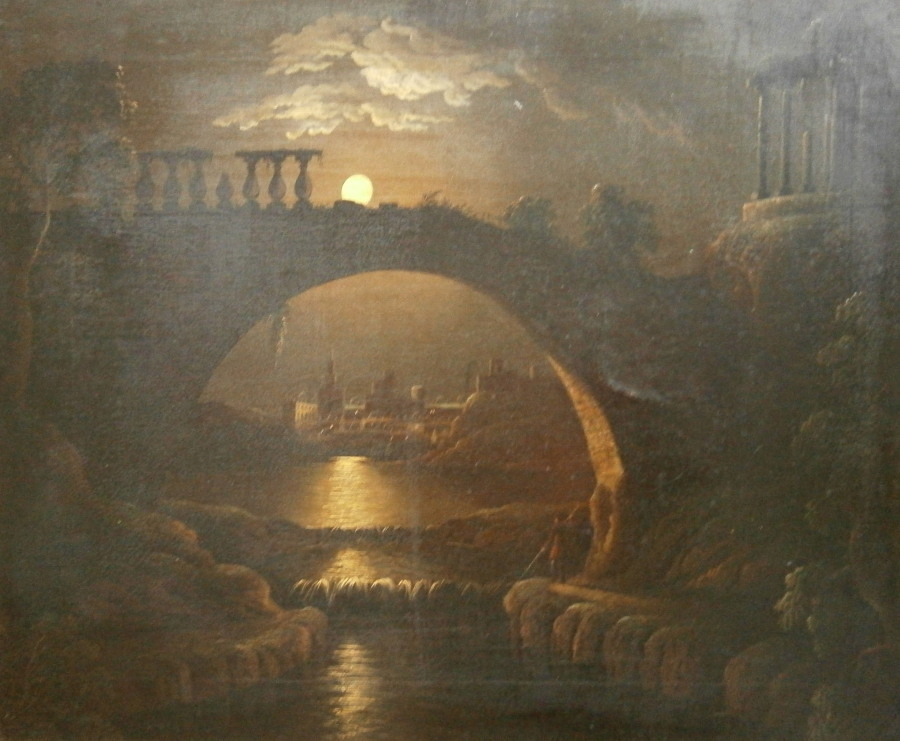 Sebastian Pether (1790-1844). Moonlight scene, with ruined bridge, oil on canvas, 50cm x 59cm.