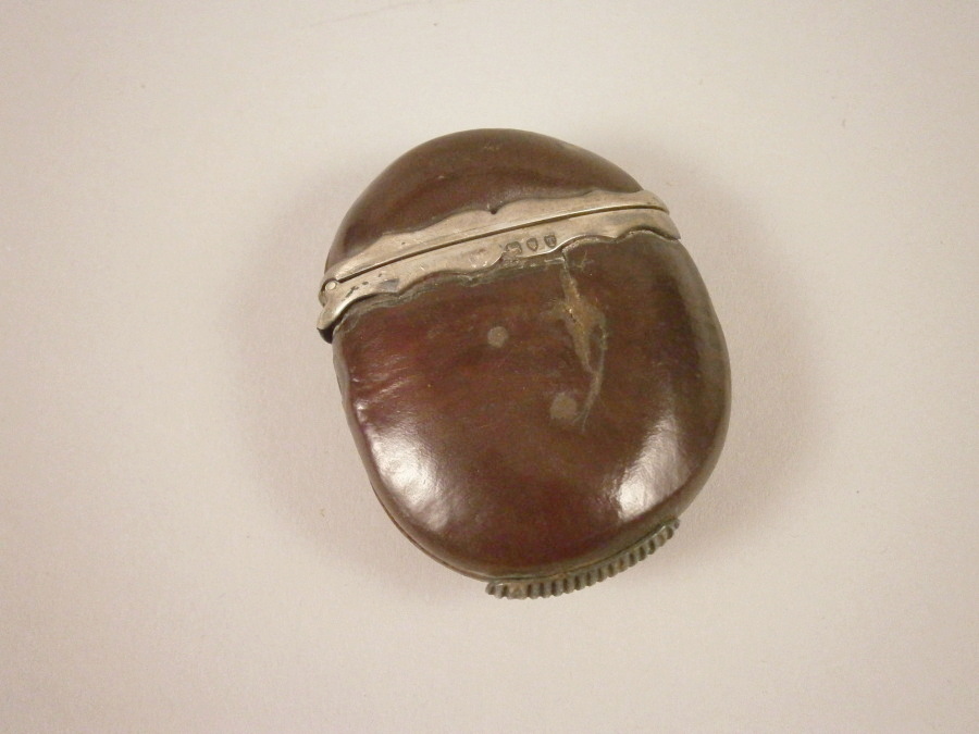 A late Victorian novelty vesta case, in the form of a nut kernel with silver mounts, London 1894.