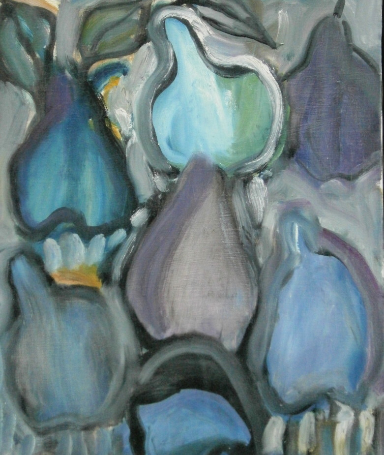 Mornay, abstract of fruit, oil on canvas, 46cm x 36cm and three others works by the artist and a