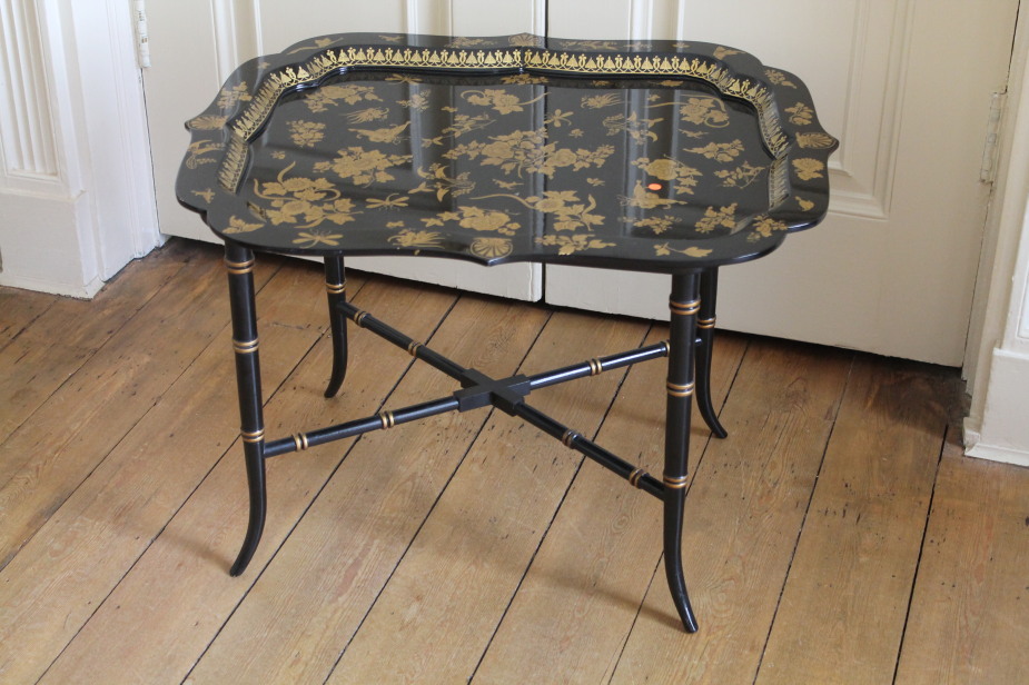 A reproduction gilt lacquer serving tray on bamboo stand in the Victorian style, with stand, 75cm
