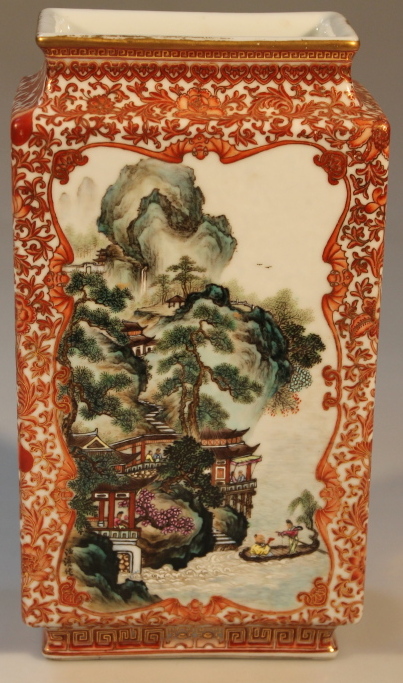 A Chinese export rectangular vase, the central panels decorated with a winter and river landscape,