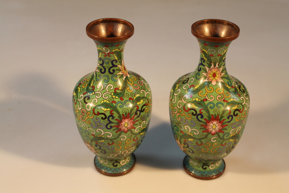 A pair of 20thC cloisonne vases, 21cm high.