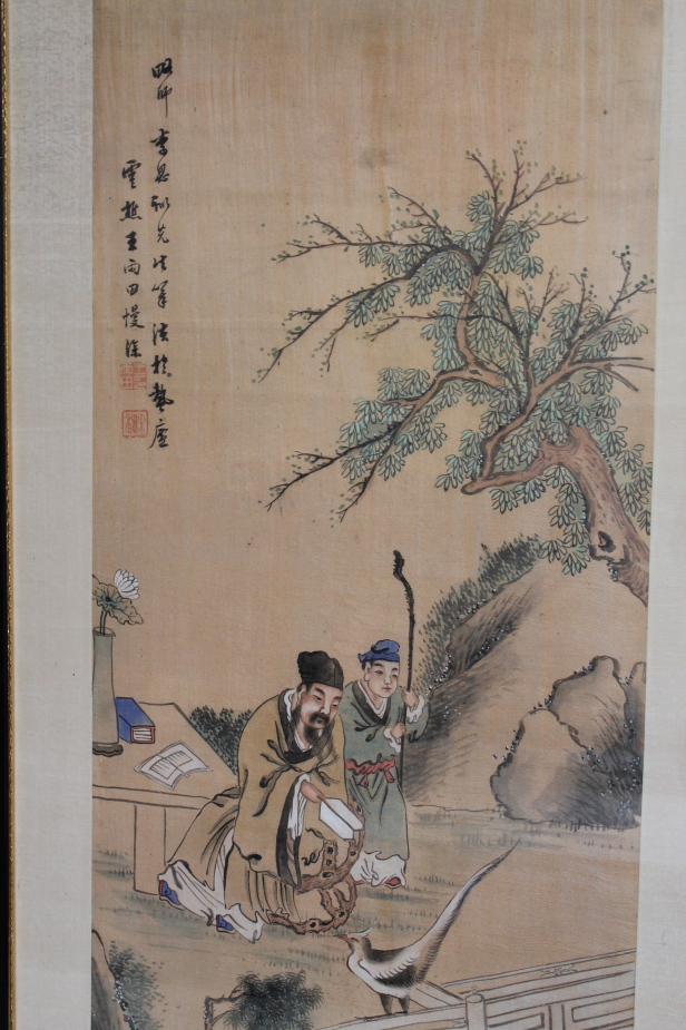 A pair of Chinese fabric screen prints, depicting a sage with attendant and a couple and blacksmith,