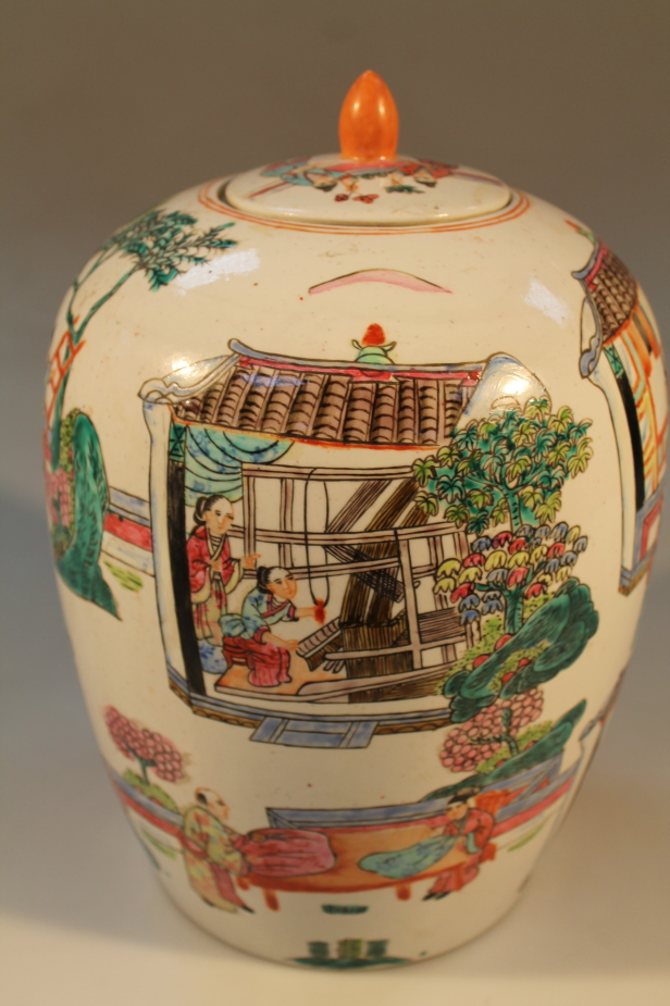 A large Chinese export ovoid vase, decorated in polychrome enamels depicting children and interior