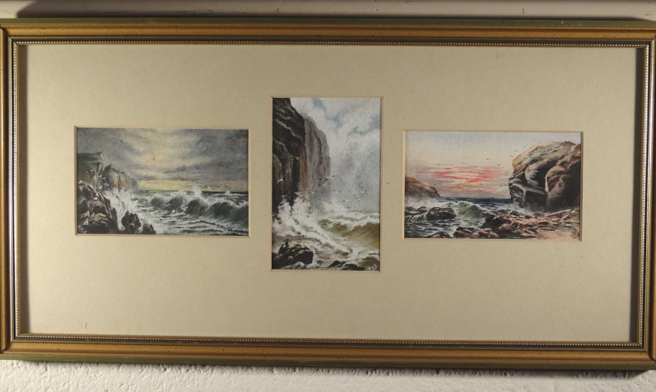 F.C.S (20thC English School) Coastal scene, sunrise, daybreak, daytime sunset, set of three studies,