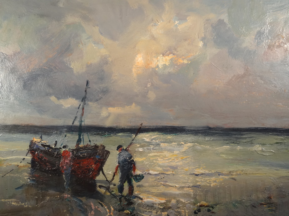 Jack Cox (1914-2007). Norfolk coastal scene with fishing boats, oil on board, signed lower right,