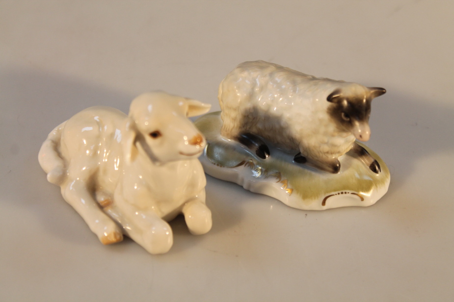 Two German porcelain figures of a lamb and a sheep, one by Hutschenreuther and the other possibly