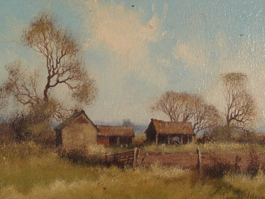 James Wright. Country landscapes, a pair, oil on panel, signed, 12cm x 17cm.